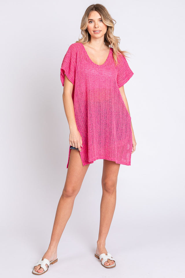 Geegee Short Sleeve Side Slit Knit Cover Up Dress.