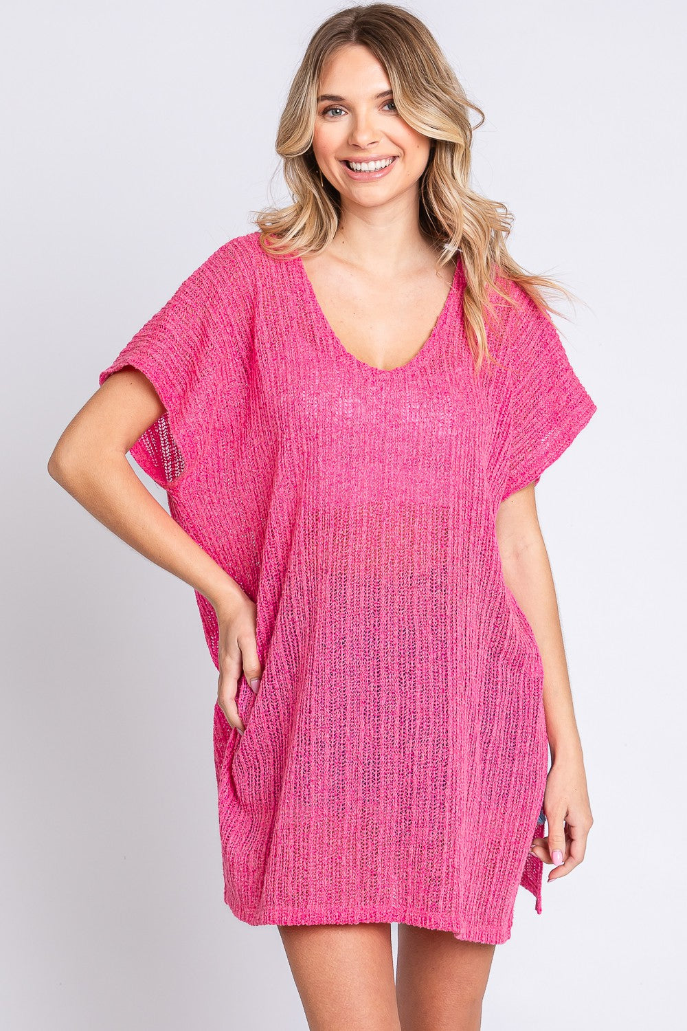 Geegee Short Sleeve Side Slit Knit Cover Up Dress.