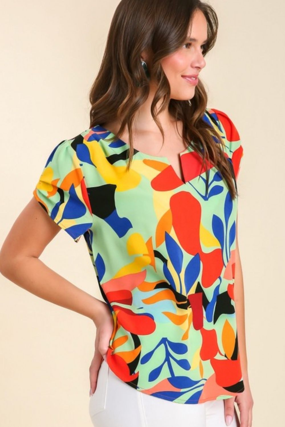 Umgee Full Size Short Sleeved Abstract Print Top, plus size.