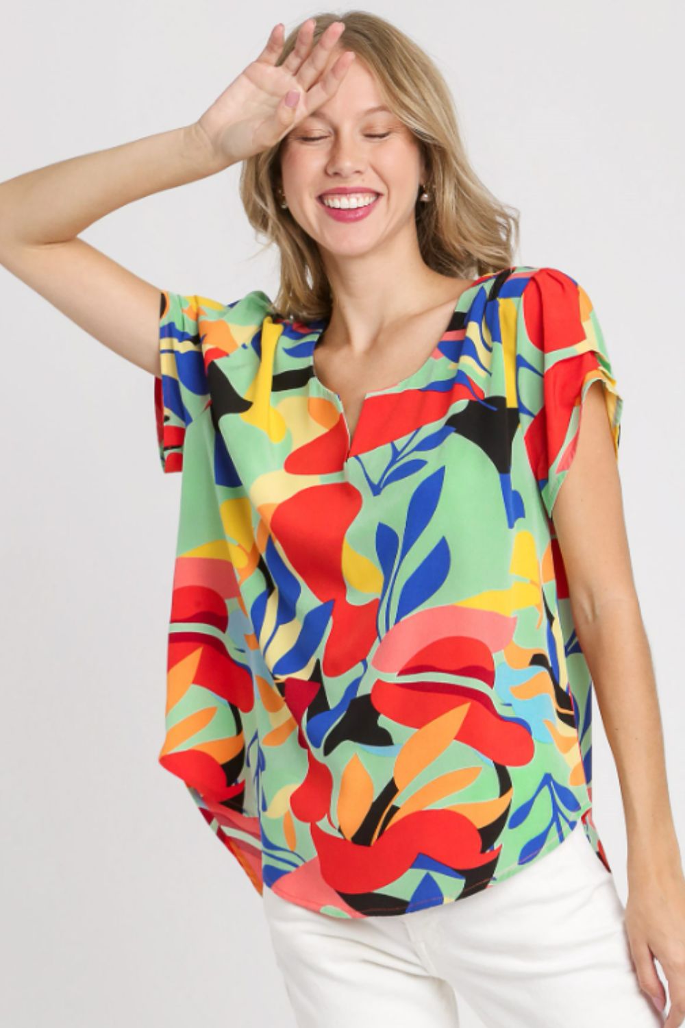 Umgee Full Size Short Sleeved Abstract Print Top, plus size.