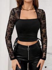Side Drawstring Square Neck Long Sleeve Top.