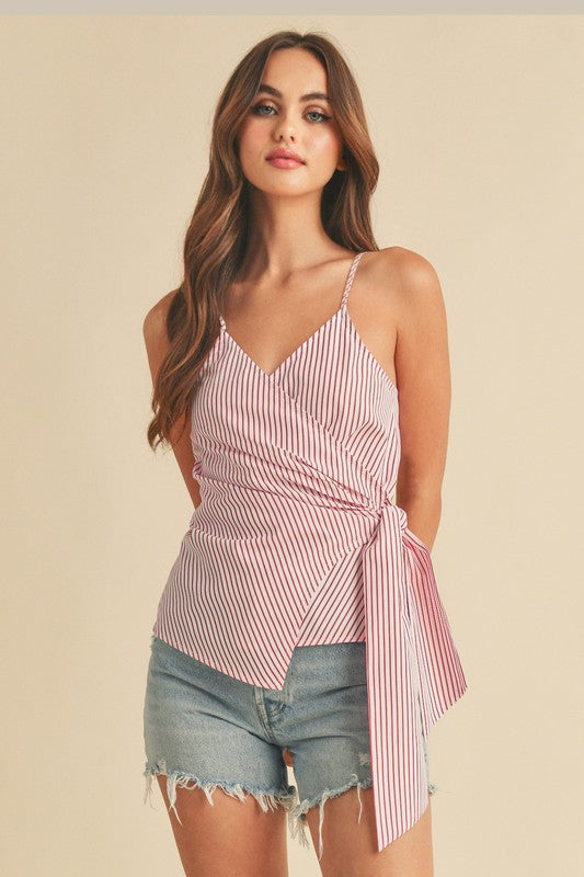 Side knotted surplice striped cami with tie details, opaque.