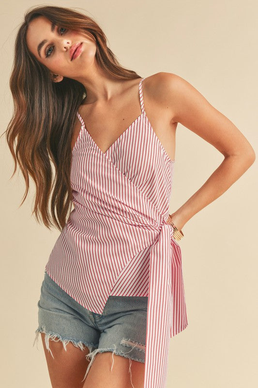 Side knotted surplice striped cami with tie details, opaque.