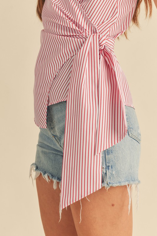 Side knotted surplice striped cami with tie details, opaque.