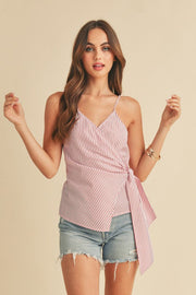 Side knotted surplice striped cami with tie details, opaque.