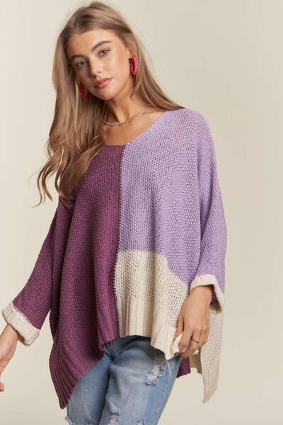 Adora Side Slit Color Block Long Sleeve Sweater.