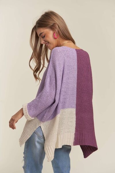 Adora Side Slit Color Block Long Sleeve Sweater.