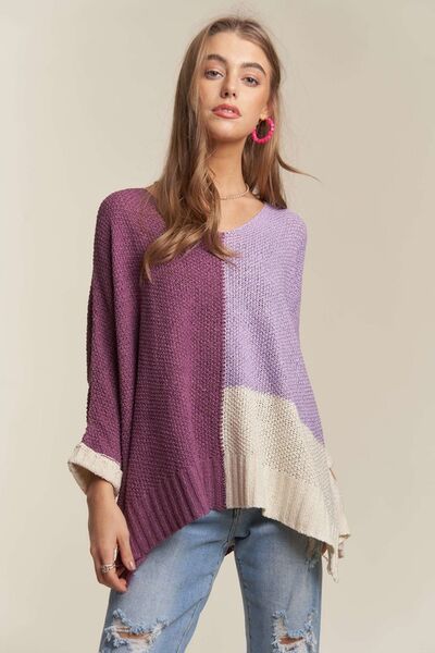 Adora Side Slit Color Block Long Sleeve Sweater.