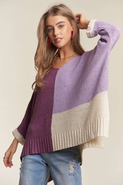 Adora Side Slit Color Block Long Sleeve Sweater.