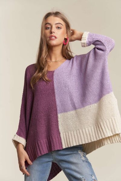 Adora Side Slit Color Block Long Sleeve Sweater.