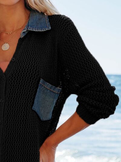 Side Slit Openwork Collared Neck Cover-Up.