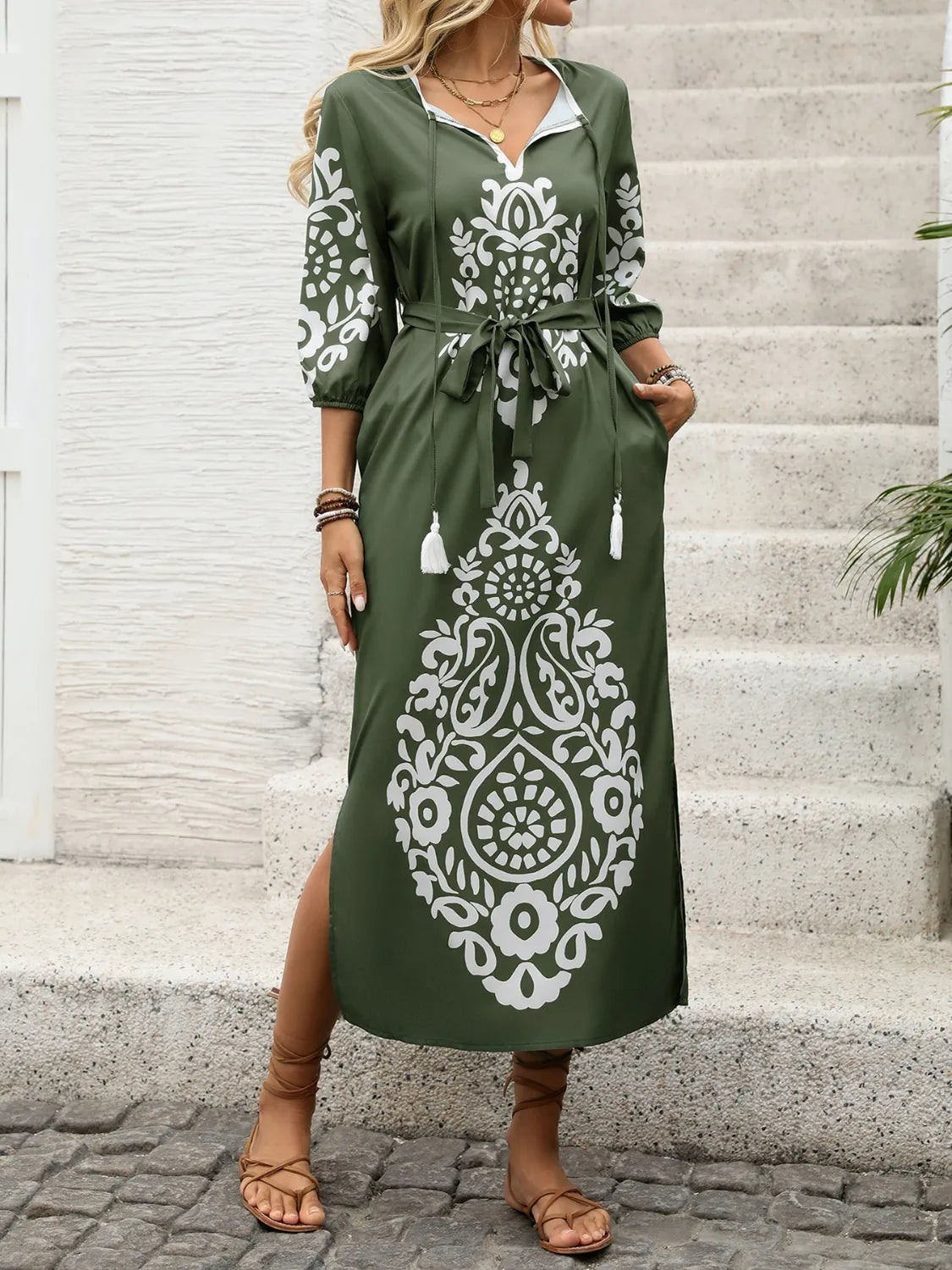 Side Slit Printed Tie Neck Dress.