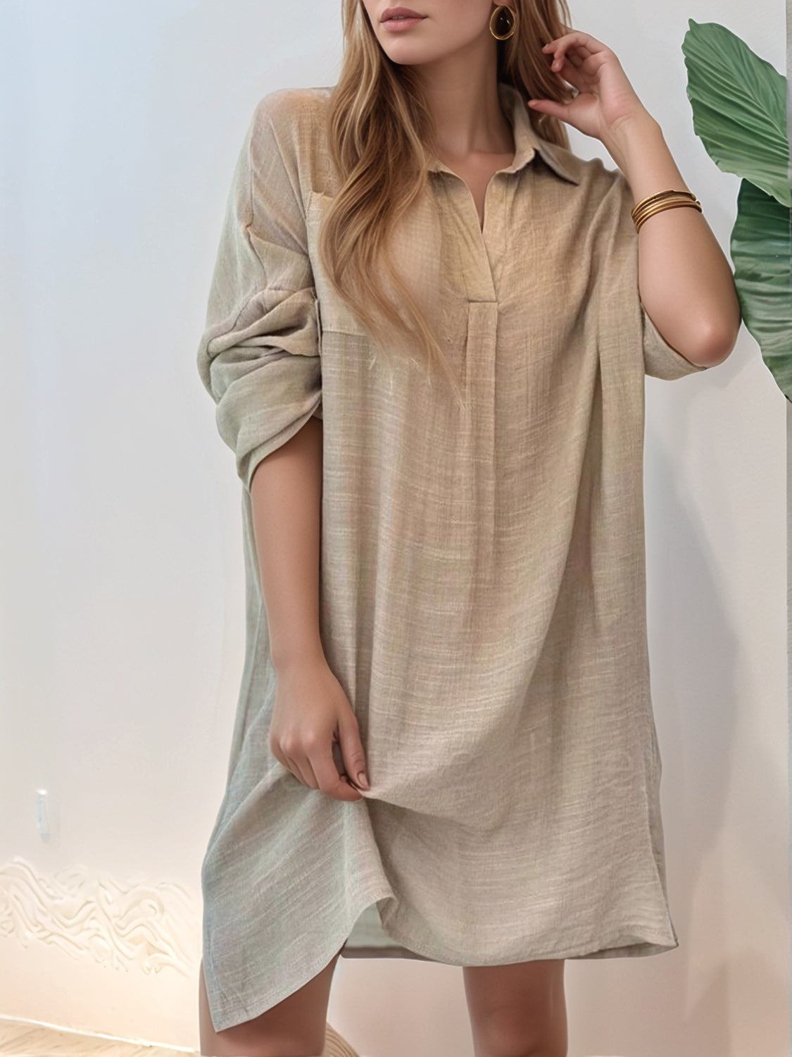 Full Size Side Slit Roll-Tab Sleeve Mini Shirt Dress Plus Size.