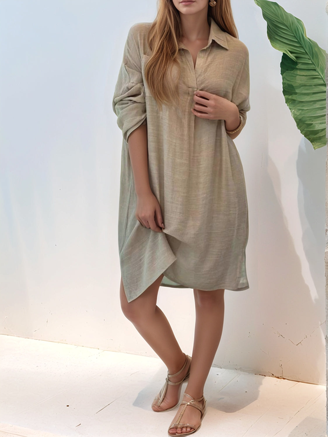 Full Size Side Slit Roll-Tab Sleeve Mini Shirt Dress Plus Size.