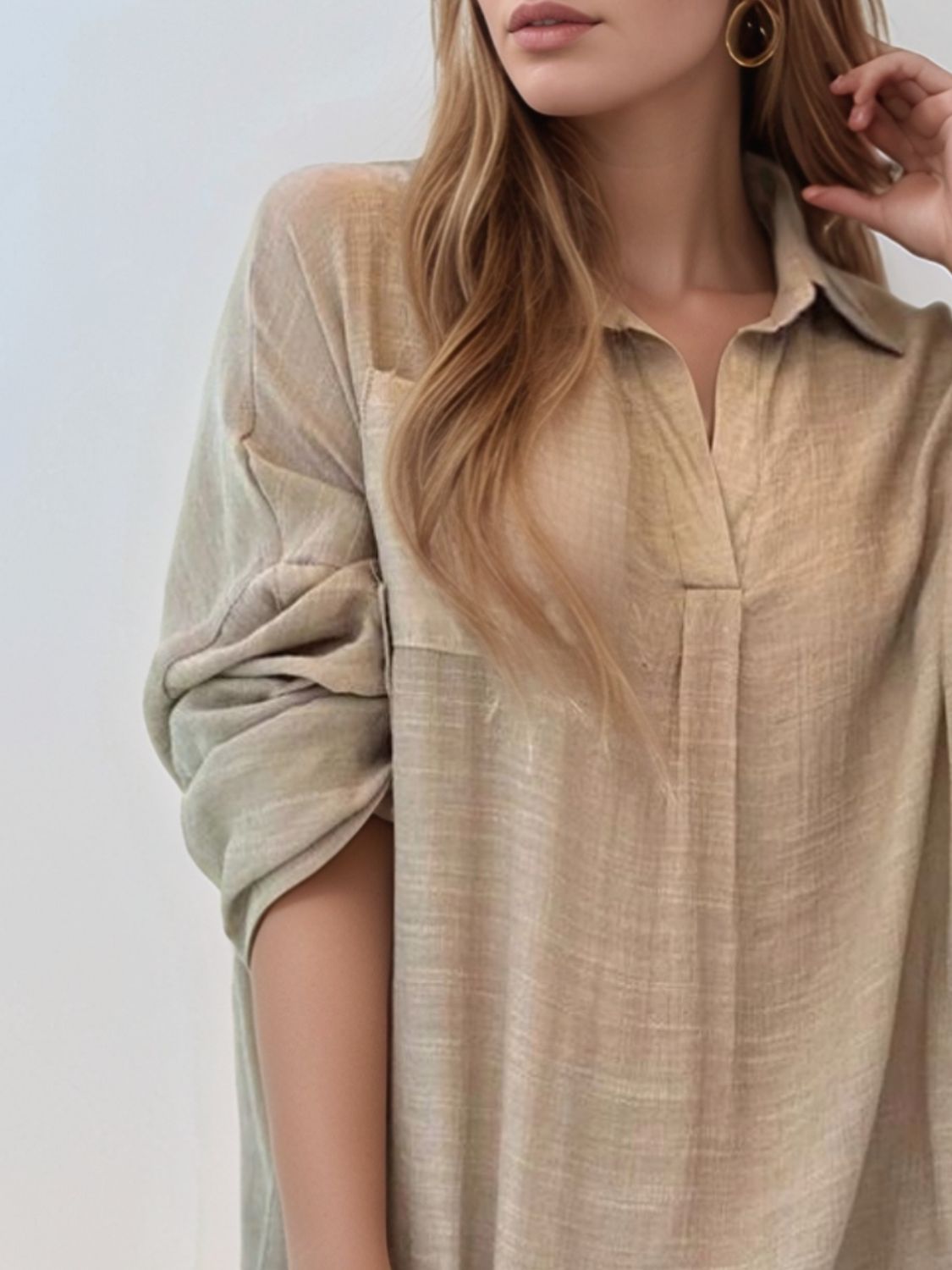 Full Size Side Slit Roll-Tab Sleeve Mini Shirt Dress Plus Size.