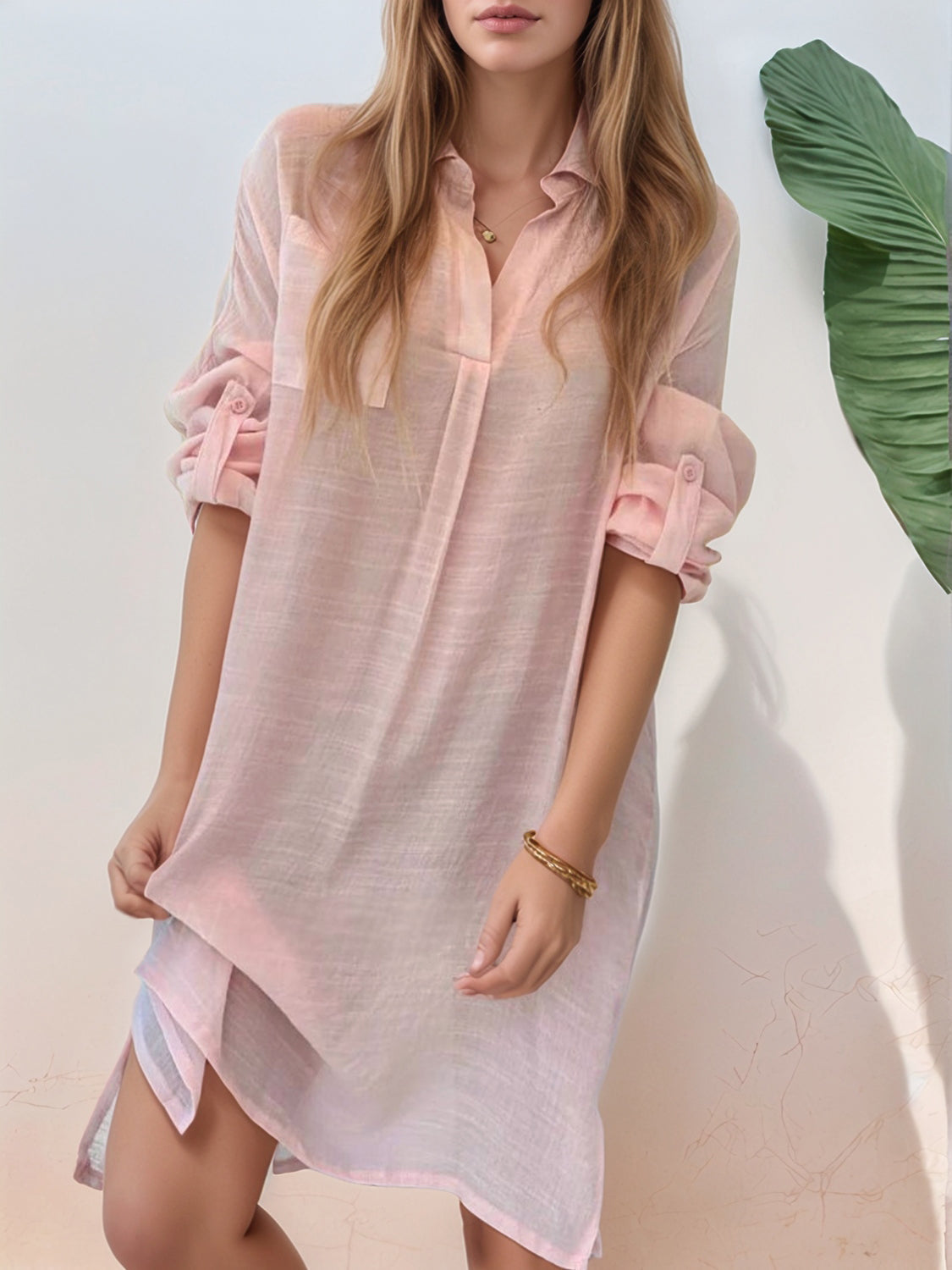 Full Size Side Slit Roll-Tab Sleeve Mini Shirt Dress Plus Size.