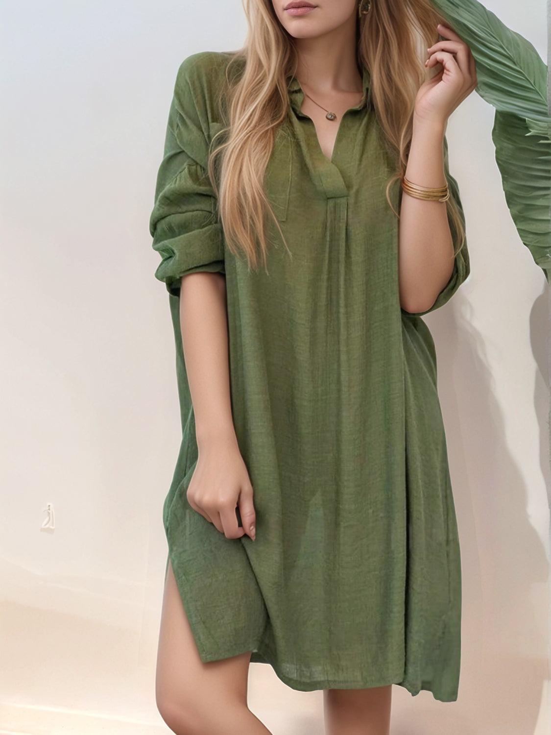 Full Size Side Slit Roll-Tab Sleeve Mini Shirt Dress Plus Size.