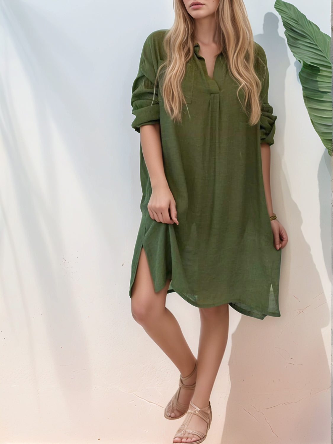 Full Size Side Slit Roll-Tab Sleeve Mini Shirt Dress Plus Size.
