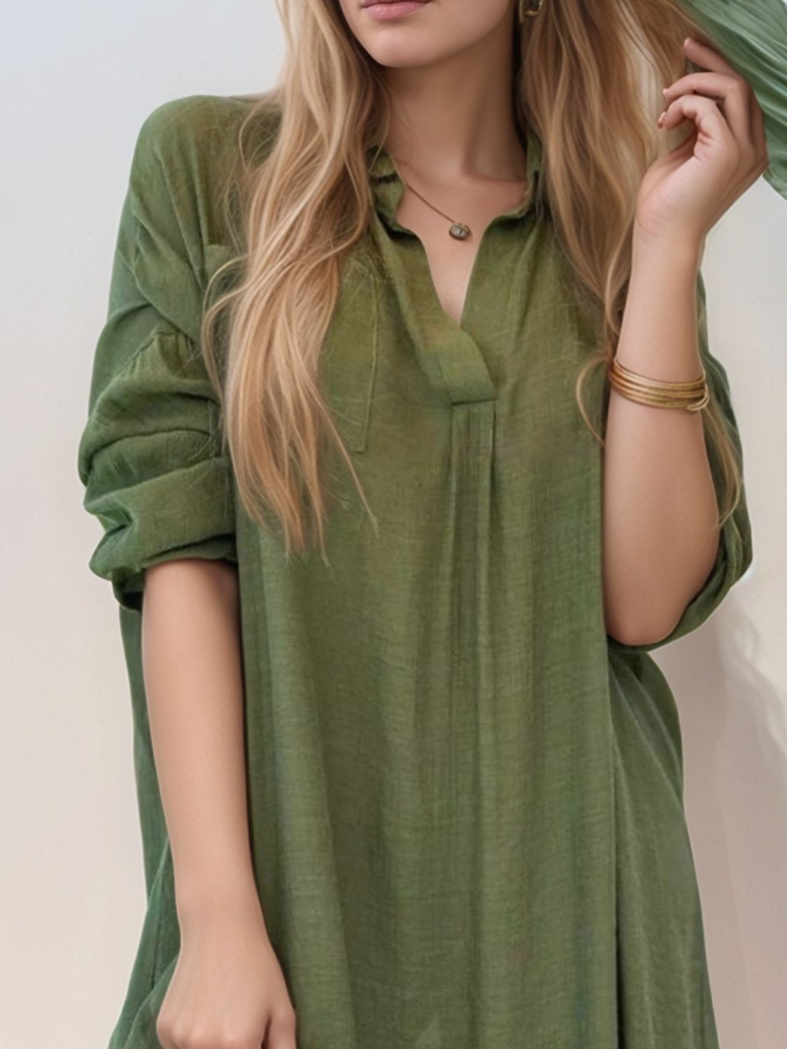 Full Size Side Slit Roll-Tab Sleeve Mini Shirt Dress Plus Size.