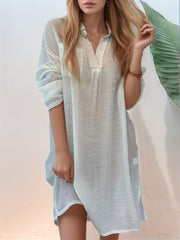 Full Size Side Slit Roll-Tab Sleeve Mini Shirt Dress Plus Size.
