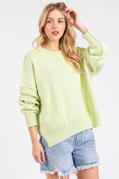 Mittoshop Side Slit Round Neck Drop Shoulder Sweater.