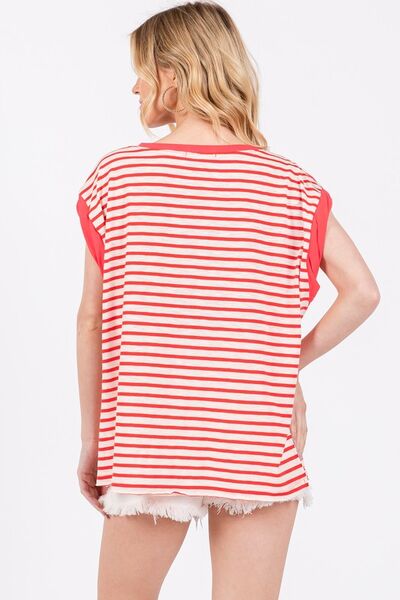 Side Slit Striped Cap Sleeve T-Shirt