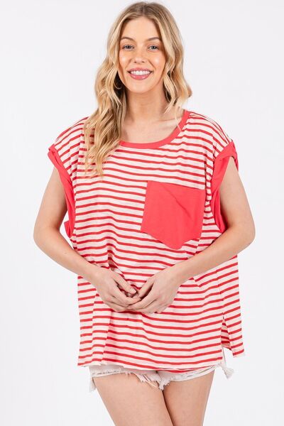 Side Slit Striped Cap Sleeve T-Shirt