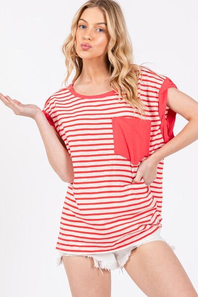 Side Slit Striped Cap Sleeve T-Shirt