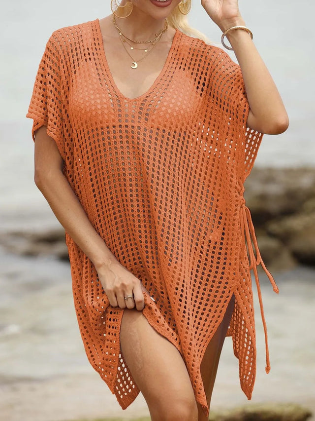 Side Tied V-Neck Cover-Up with Cutout.