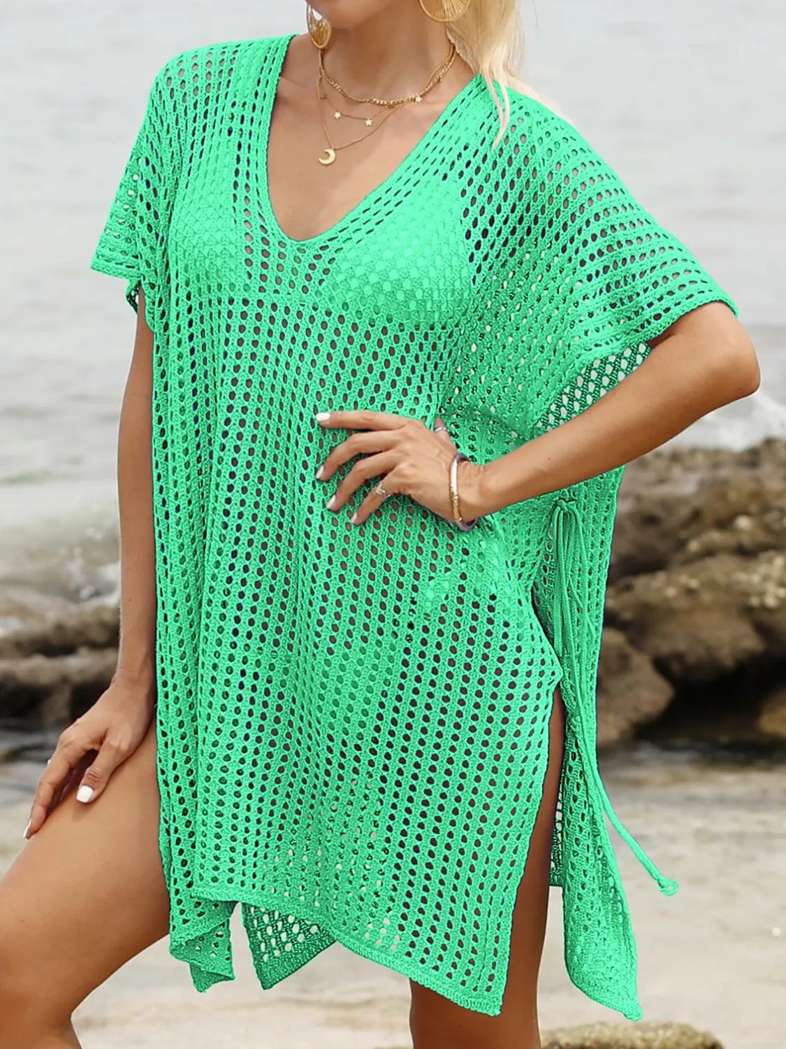 Side Tied V-Neck Cover-Up with Cutout.