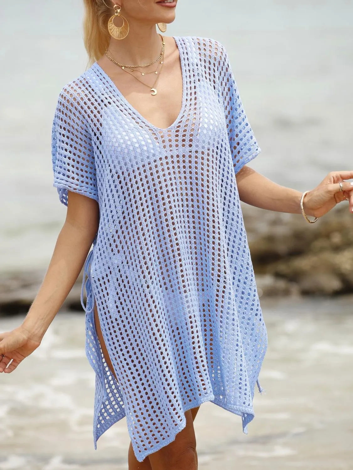 Side Tied V-Neck Cover-Up with Cutout.