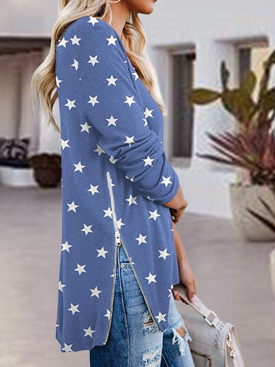 Side Zip Printed V-Neck Long Sleeve T-Shirt