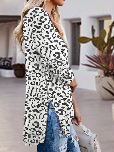 Side Zip Printed V-Neck Long Sleeve T-Shirt