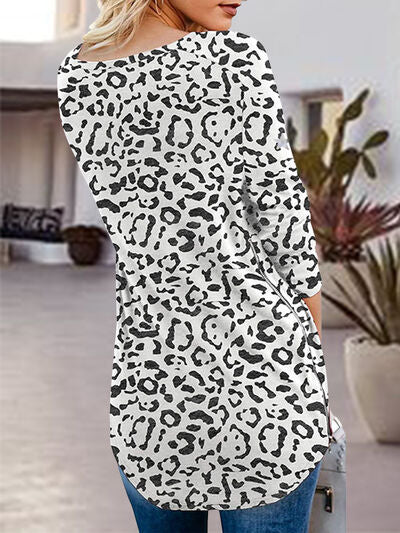 Side Zip Printed V-Neck Long Sleeve T-Shirt