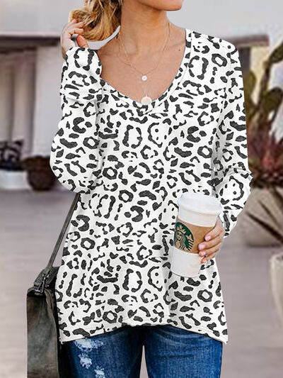 Side Zip Printed V-Neck Long Sleeve T-Shirt