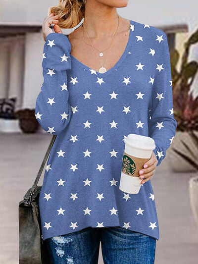 Side Zip Printed V-Neck Long Sleeve T-Shirt