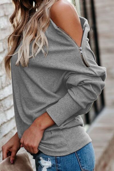 Single Shoulder Long Sleeve Sweatshirt with Zip.