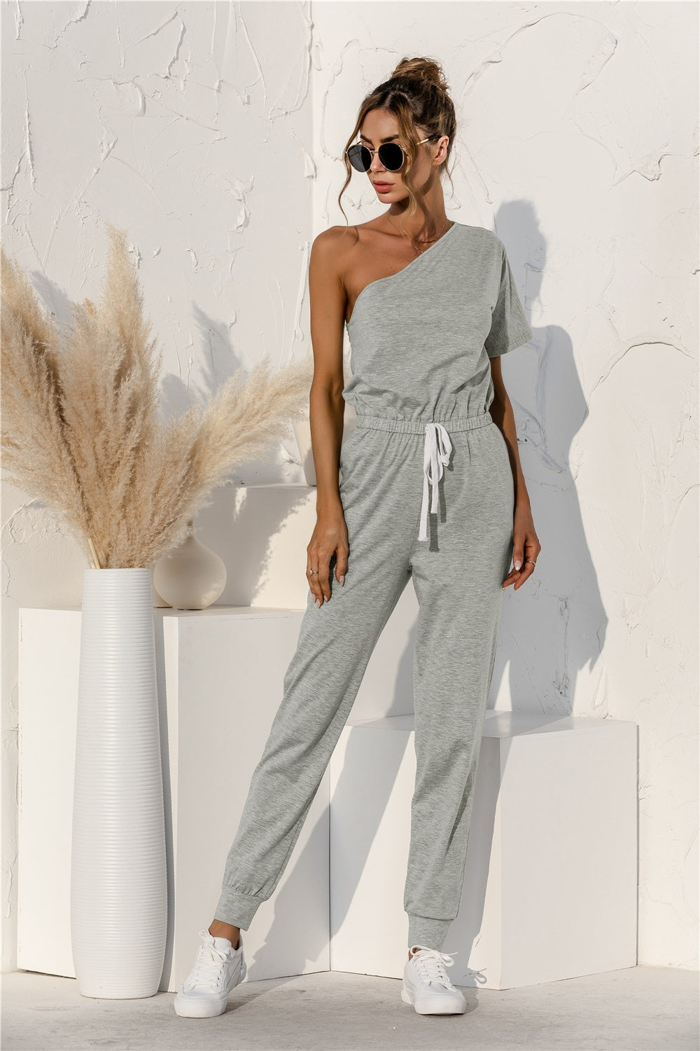 Single Shoulder Short Sleeve Jumpsuit with Tie.