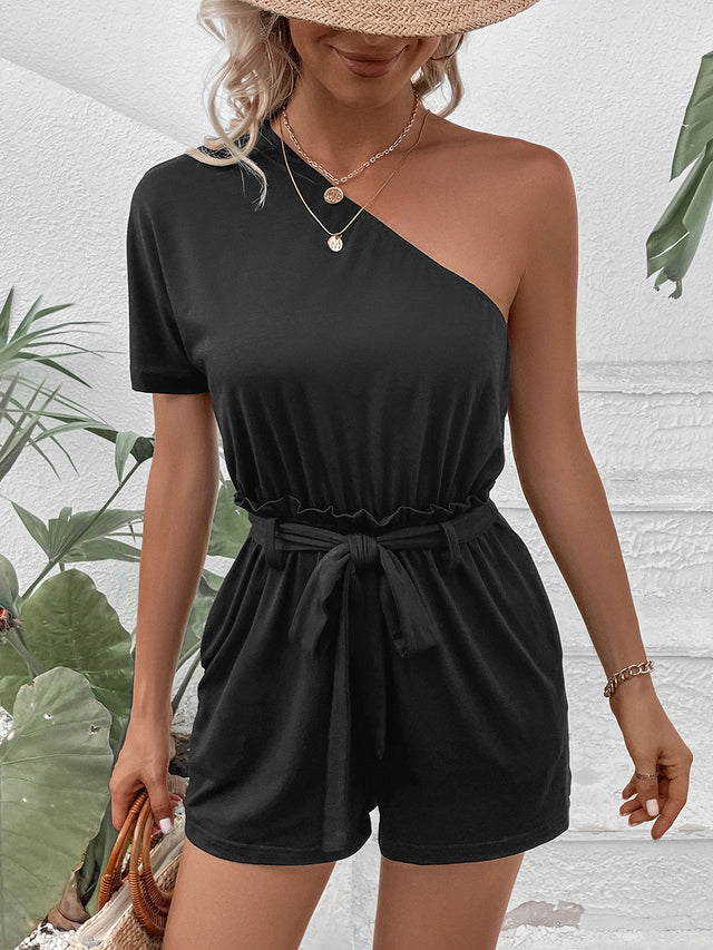 Single Shoulder Tie Waist Romper.