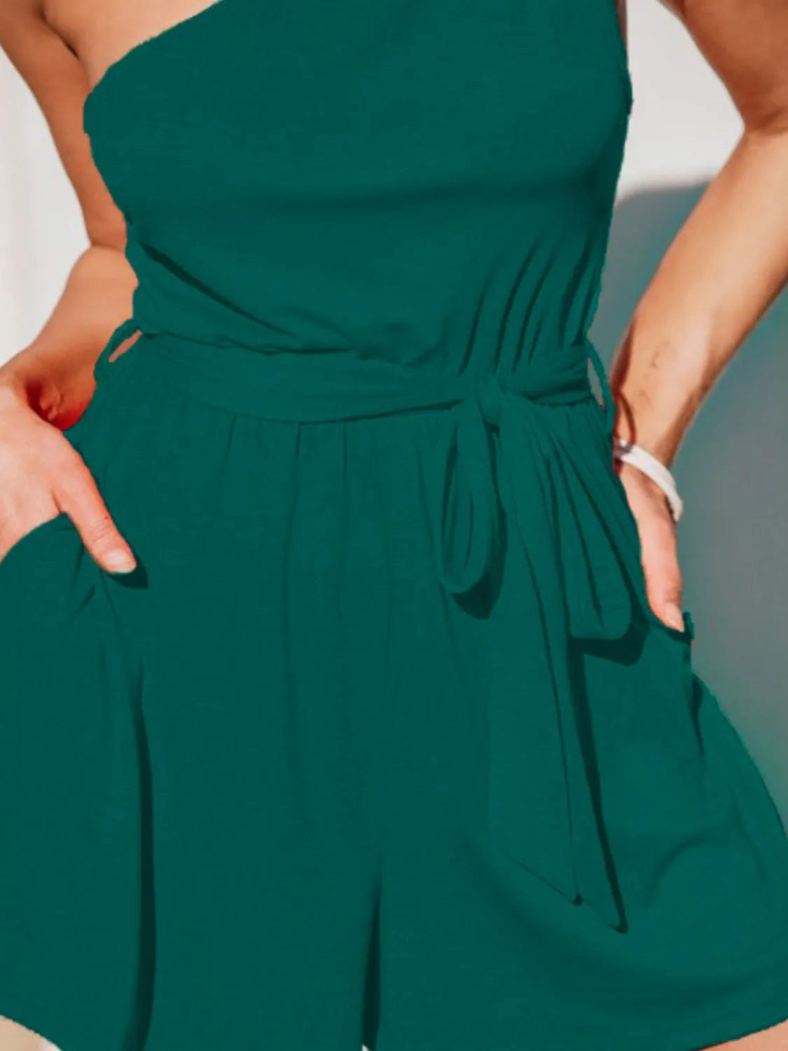 Single Shoulder Tie Waist Romper with Pockets.