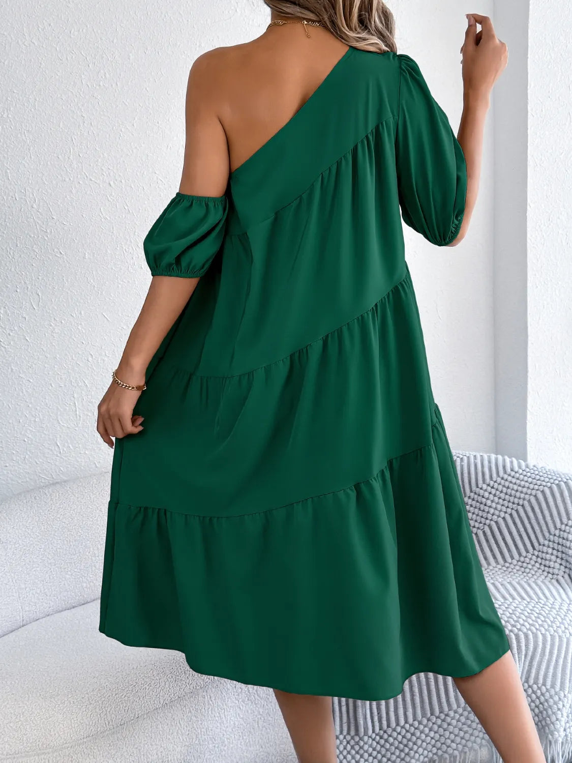 Single Shoulder Tiered Dress.
