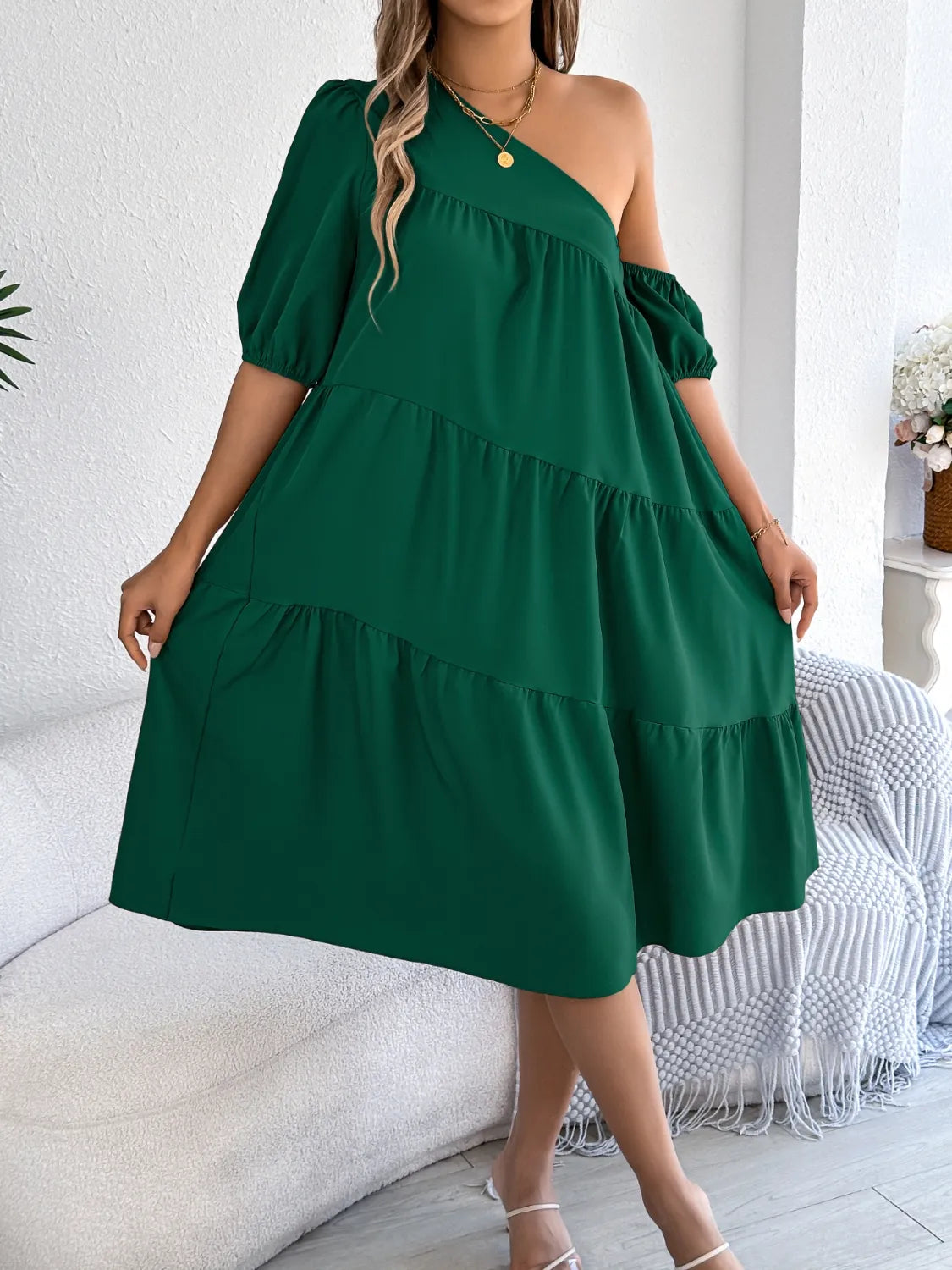 Single Shoulder Tiered Dress.