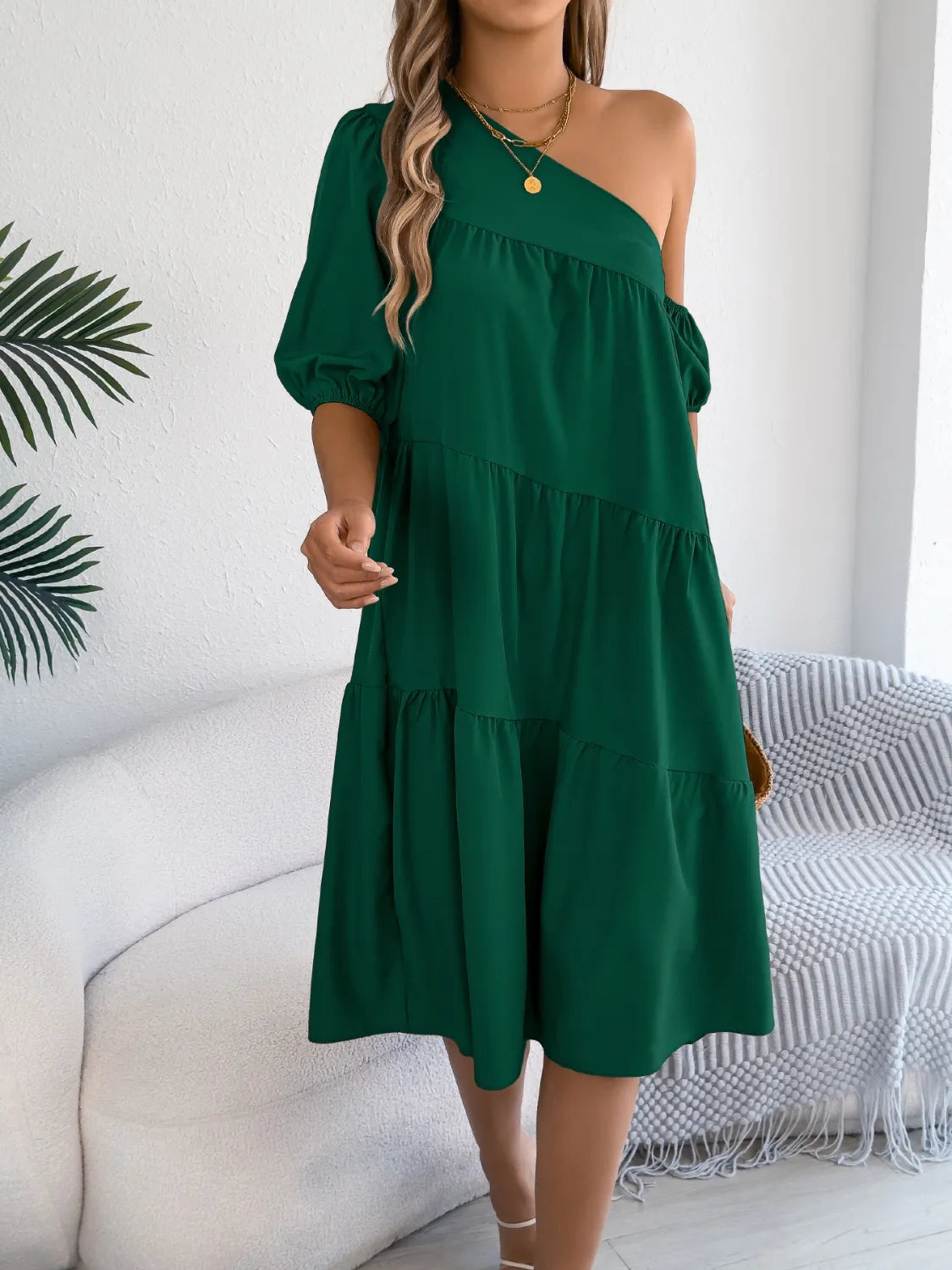 Single Shoulder Tiered Dress.