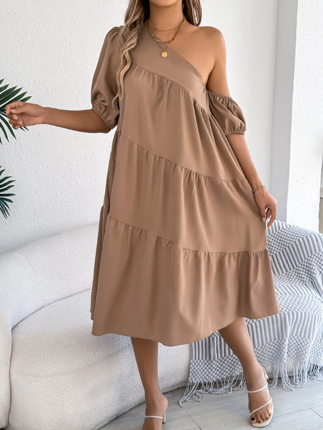 Single Shoulder Tiered Dress.