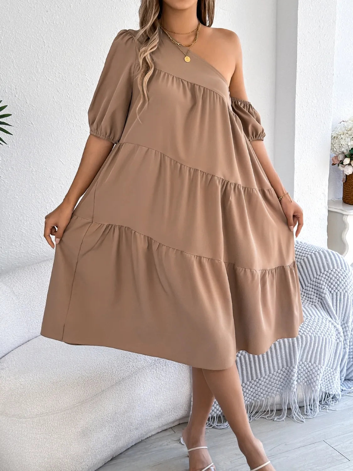Single Shoulder Tiered Dress.