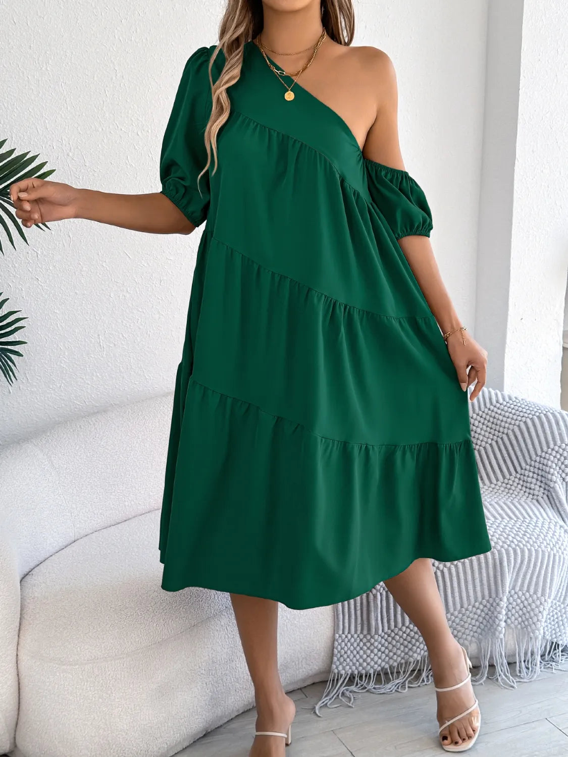 Single Shoulder Tiered Dress.