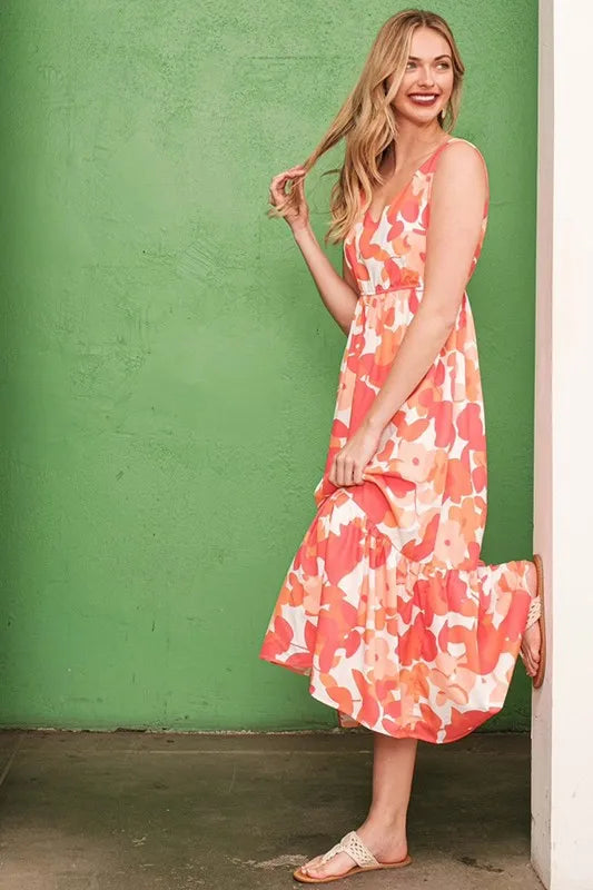 Lime N Chili Sleeveless Floral Print V-Neck Midi Dress.