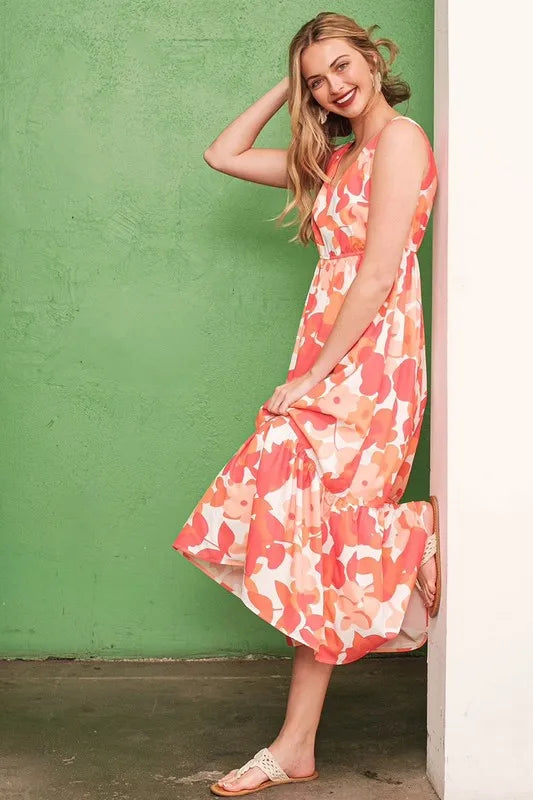 Lime N Chili Sleeveless Floral Print V-Neck Midi Dress.