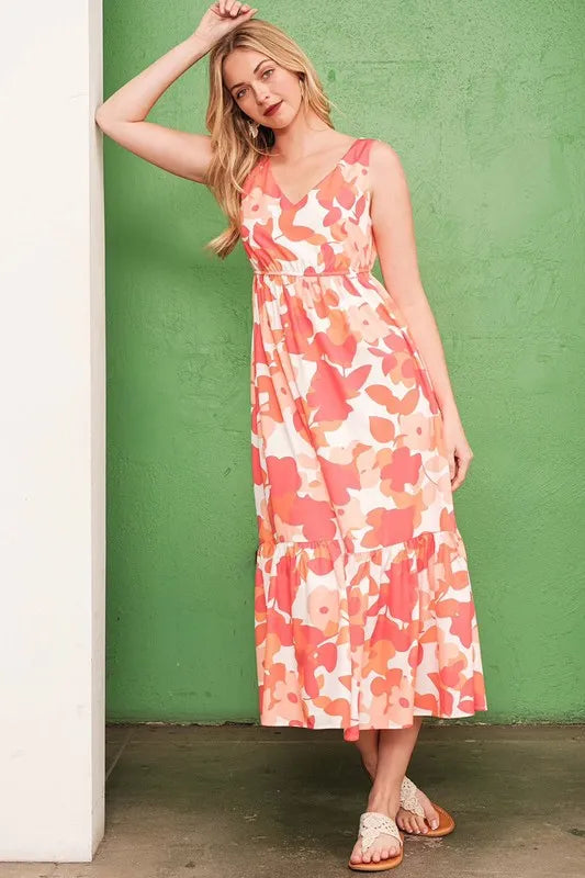 Lime N Chili Sleeveless Floral Print V-Neck Midi Dress.