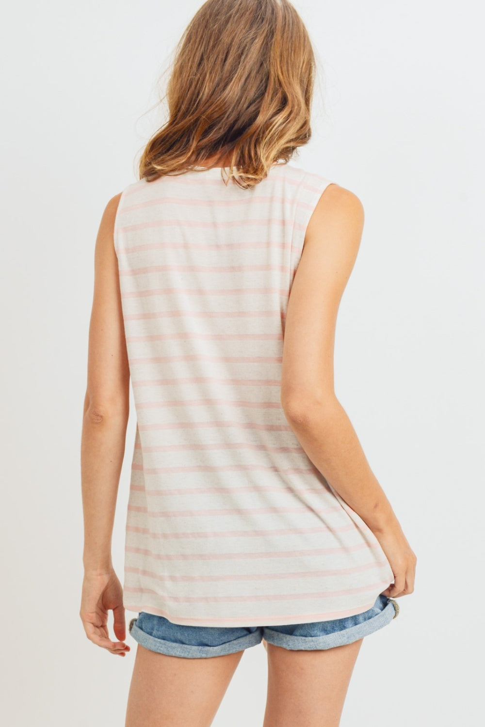 Sleeveless front tie striped top, opaque.